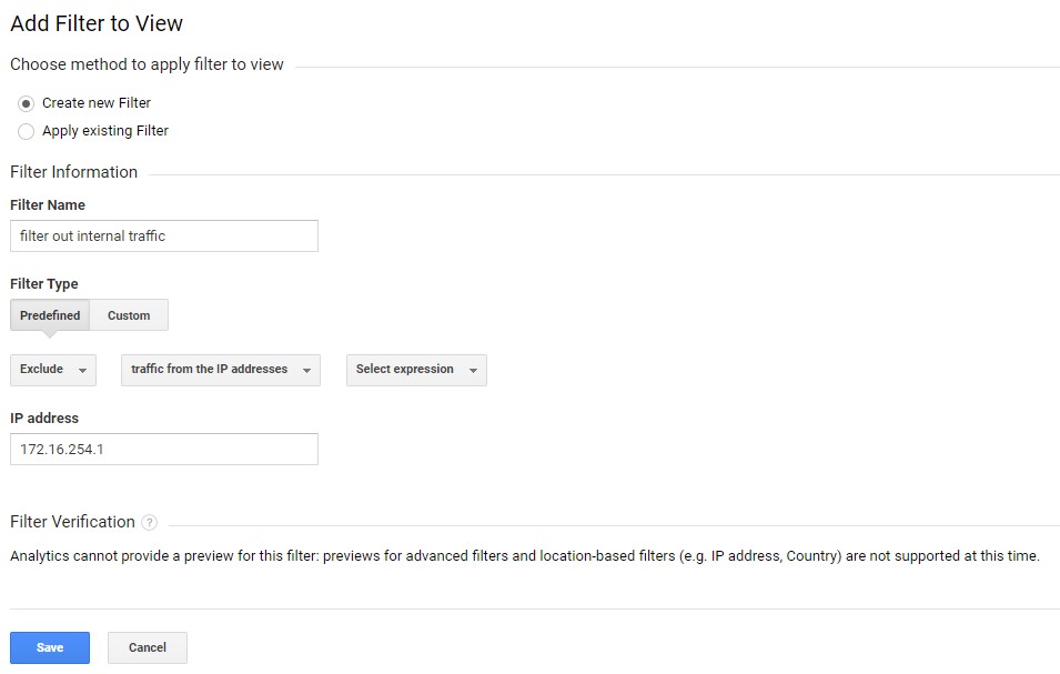 Google Analytics setup panel showing how to create filters for internal IP traffic