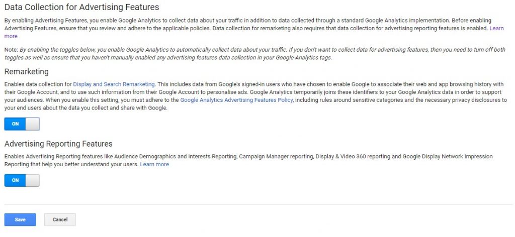 Google Analytics dashboard for turning on Data Collection for Advertising Features
